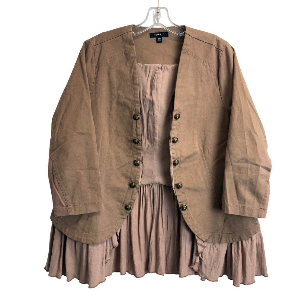 Torrid Women‎ Tan Brown Military Ruffle Hem Jacket Mixed Media Size 00 Peplum